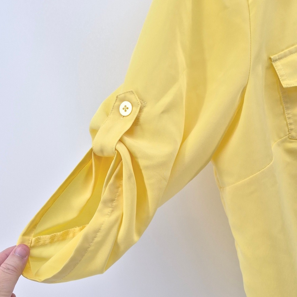 Susan Graver Women's Large Yellow Button Front Utility Blouse Roll Tab Sleeve - Picture 6 of 11